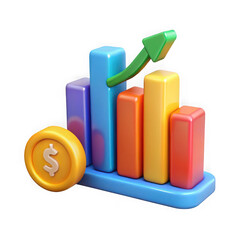 3d bar chart with upward arrow and coin isolated on transparent background