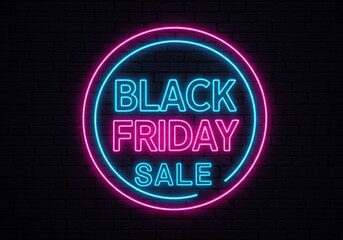 Obraz premium Glowing neon sign displaying black friday sale on brick background