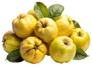 A vibrant pile of ripe yellow quinces with fresh green leaves showcasing their unique bumpy texture isolated on transparent background