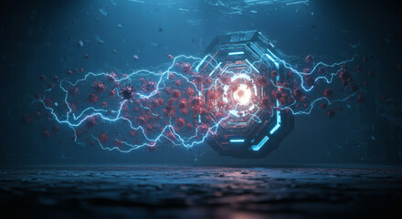 Futuristic scientific reactor core using powerful blue plasma energy to eradicate dangerous red virus cells underwater.