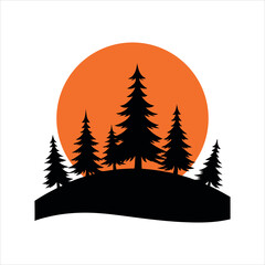 Fototapeta premium Evening Sun Behind Pine Trees on Hilltop Ridge Scene silhouette Art Vector illustration