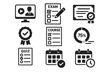 Online education icons: courses, exams, certifications, quizzes, scheduling