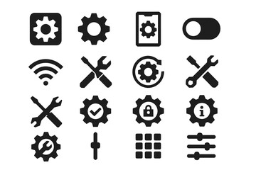 Obraz premium Set of black gear icon illustrations representing settings and configuration concepts