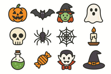 Colorful halloween icons: pumpkin, witch, ghost, bat, spider, vampire, candle