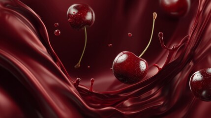 elegant red wine waves and floating cherries in luxurious cherry backdrop