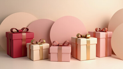 Lot of Gift Boxes Looped into Overlapping Circles Alternating Between Bold Crimson and Delicate Pastel Pink