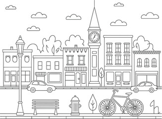 Linear drawing of a charming small town street scene with buildings and a clock tower