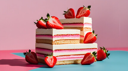 Stack of pink vanilla double layer cake slices with strawberries. Pop art food color blocking aesthetic. 