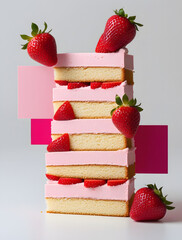 Stack of pink vanilla double layer cake slices with strawberries. Pop art food color blocking aesthetic. 