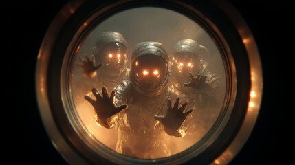 Three aliens with glowing eyes seen through a fisheye peephole evoke surreal themes of privacy, mystery, and cosmic intrusion