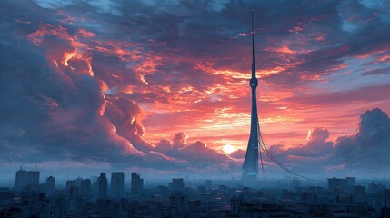a realistic photo of a massive space elevator ascending from a futuristic metropolis into the clouds, glowing carbon nanotube cables against a vibrant sunset