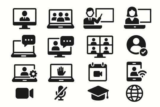 Digital communication icons: video calls, online meetings, virtual collaboration tools