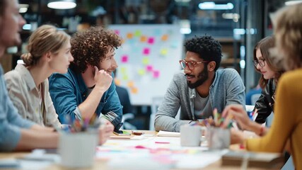 Team collaboration session in a modern workspace with diverse professionals brainstorming ideas - Powered by Adobe