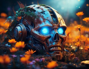 a destroyed and rusted robot head with glowing blue eyes lies on the ground among small flowers depicting post apocalyptic future