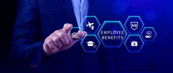 Employee Benefits Career Concept. Business Bonus Work Perks, Fringe benefits for employee engagement, Insurance, paid vacation, office perks