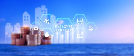 Employee Benefits Career Concept. Business Bonus Work Perks, Fringe benefits for employee engagement, Insurance, paid vacation, office perks