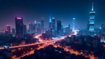 Obraz premium Dynamic Night Cityscape with Glowing Neon Lights and Light Trails