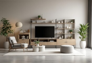 Fototapeta premium Modern living room with light wood furniture and neutral color palette.