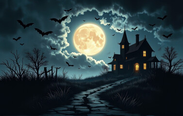 Fototapeta premium haunted house silhouette full moon halloween background