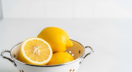 Whole and sliced fresh yellow lemons in a white enamel colander. A bright, clean background for healthy food, drinks, and cooking concepts, with ample copy space.