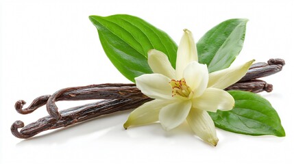 Exquisite Vanilla Flower and Pods with Fresh Green Leaves Isolated on White Background