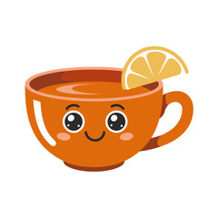 Cute orange tea cup with lemon slice and happy face isolated on white background