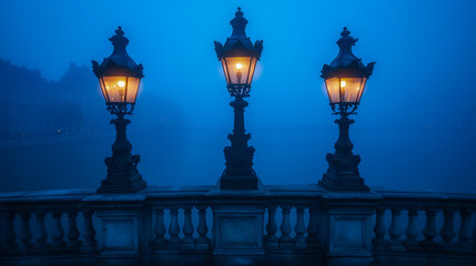 Mystical evening scene featuring ornate lampposts along a foggy waterfront