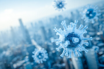 Digital visualization of virus particles over a city skyline representing viral outbreaks