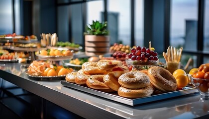 office catering provides fresh fruit bagels and pastries for corporate events this spread promotes collaboration and employee well being with healthy buffet selection for meetings and conferences