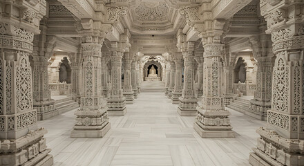 Photograph the intricate white marble interior of a Jain temple in India. Highlight geometric carvings, light symmetry, and sacred geometry.

