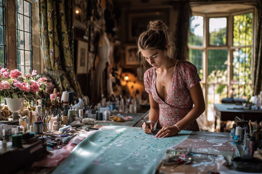 Young fashion designer skillfully cutting fabric in a vibrant workspace - Powered by Adobe