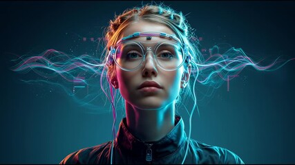 ortrait of a woman with her eyes closed in meditation, wearing a minimalist and elegant neural interface headset, abstract digital data streams and cosmic visuals flowing around her head, ethereal glo - Powered by Adobe