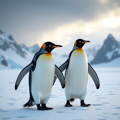Obraz premium Two majestic king penguins standing together in a snowy landscape