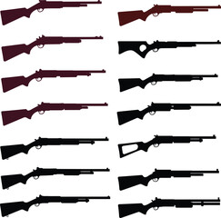 Vector silhouette and colored illustration set of various classic pump-action shotguns and rifles. Ideal for hunting, sport shooting, tactical, and historical firearm design projects.