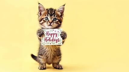 Adorable kitten holding festive " Happy Holidays " sign,  against sunny yellow background. Purr-fect image to brighten any holiday season.
