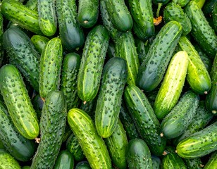 Organic ground cucumbers. Juicy spring vegetables at the market. Full frame composition. 
