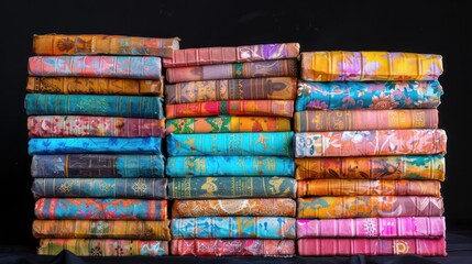 Stacked antique books with vibrant covers