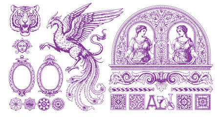 engraving illustration of victorian, rococo, baroque style elements. book cover, social media, t shirt design application