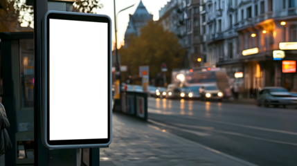 Blank advertising billboard on city street displaying mockup against urban backdrop