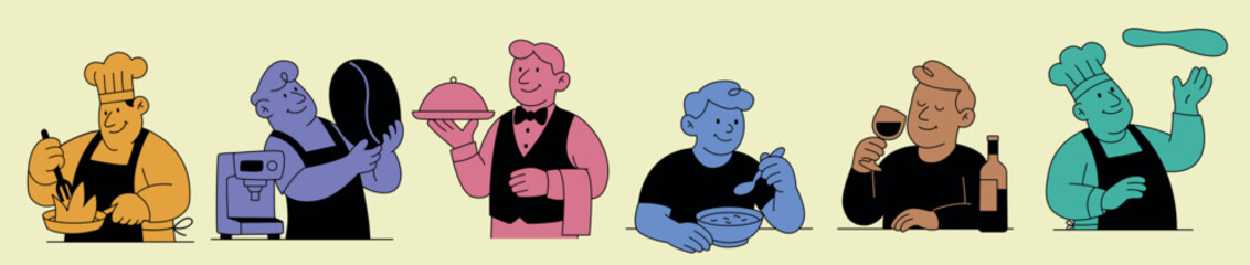 Collection of Colorful Mid-Century Styled Restaurant Chefs and Diners