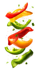 Floating slices of fresh colorful bell peppers with herbs and spices