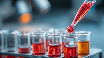 A lab technician carefully drips a red liquid from a pipette into a row of test tubes filled with various colored liquids. Bright laboratory lights create a focused environment for experimentation.