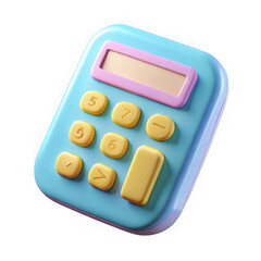 Cute 3d rendered blue and pink calculator with yellow buttons isolated on transparent background