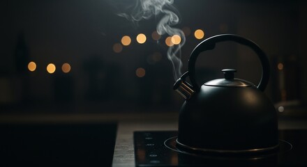 A modern black tea kettle boils, releasing steam on an induction cooktop. The dark, moody kitchen background features warm, blurry bokeh lights, creating a cozy evening atmosphere.