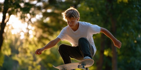 Young caucasian male skater performing trick in sunlit park