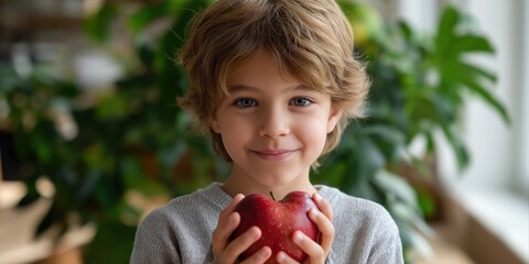 Young caucasian boy holding a red apple smiling in a bright room