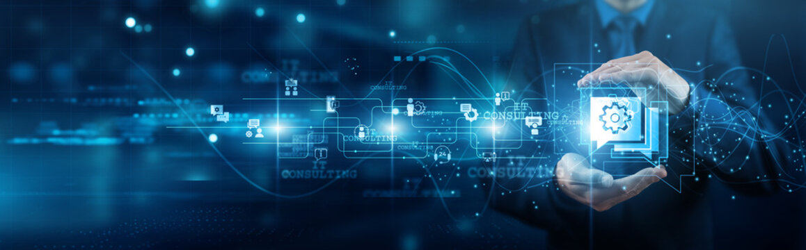 IT consultant hands holding solutions IT consulting network connections infrastructure strategy security support cloud systems integration advice technology transformation. - Powered by Adobe