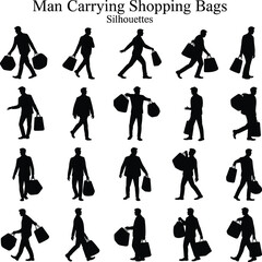Man carrying shopping bags silhouettes, male shopper walking vector, black retail icon set, person with bags illustration, commercial pose graphic