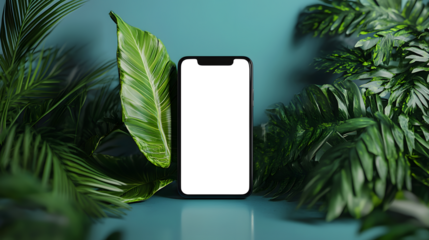 Smartphone mockup surrounded by lush tropical green foliage and blank screen for displaying content