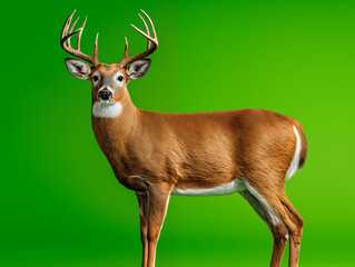 A white-tailed deer standing in front of a green screen background